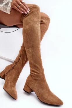 Damskie Kozaki Za Kolano Na Niskim Obcasie Camel Maidna
