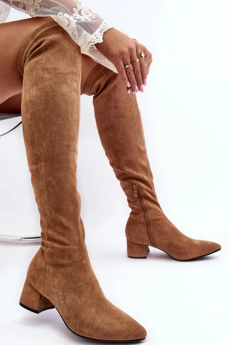 Damskie Kozaki Za Kolano Na Niskim Obcasie Camel Maidna
