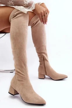 Damskie Kozaki Za Kolano Na Niskim Obcasie Jasnobeżowe Maidna