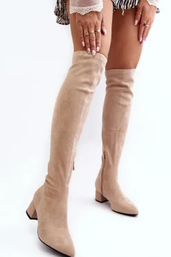 Damskie Kozaki Za Kolano Na Niskim Obcasie Jasnobeżowe Maidna