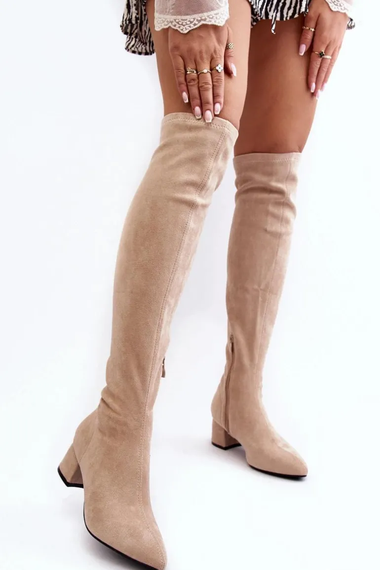 Damskie Kozaki Za Kolano Na Niskim Obcasie Jasnobeżowe Maidna