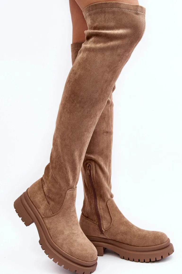 Damskie Kozaki Za Kolano Na Płaskim Obcasie Beżowe Silune