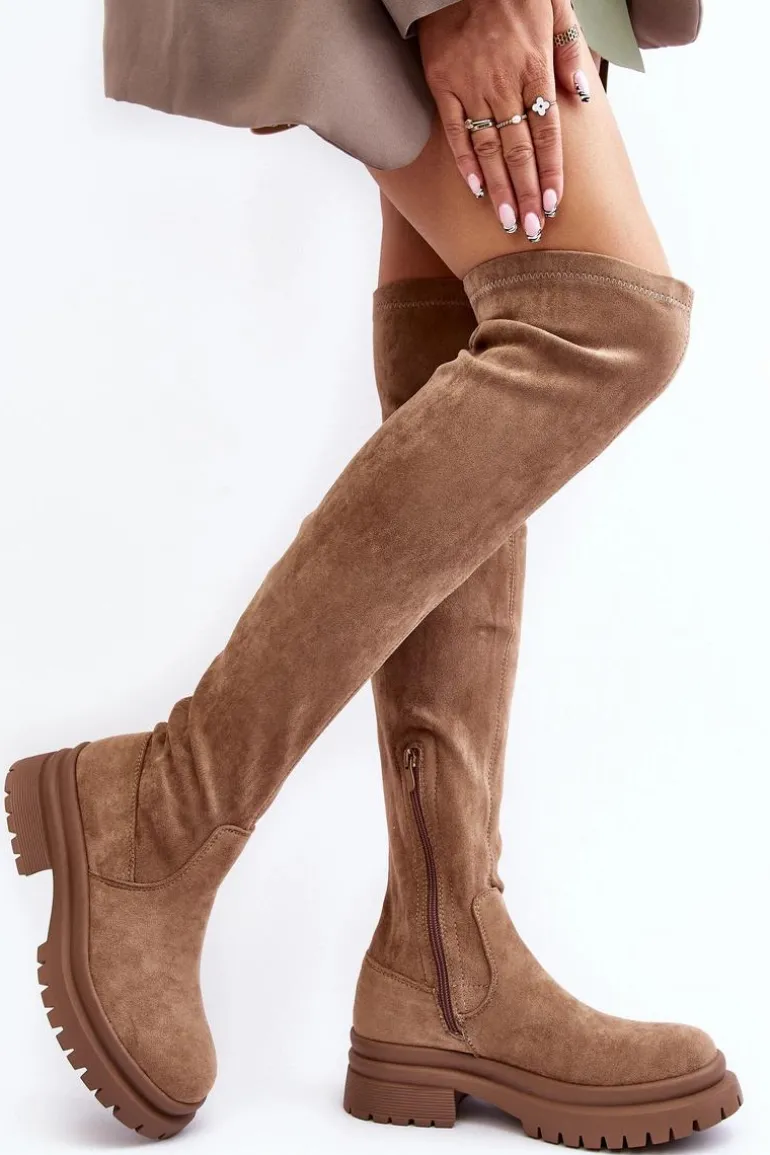 Damskie Kozaki Za Kolano Na Płaskim Obcasie Beżowe Silune