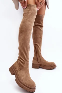 Damskie Kozaki Za Kolano Na Płaskim Obcasie Beżowe Silune