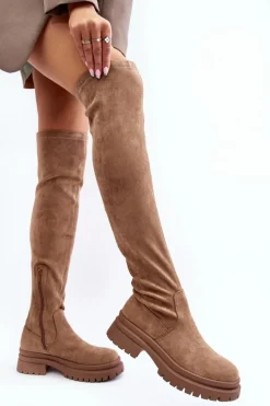 Damskie Kozaki Za Kolano Na Płaskim Obcasie Beżowe Silune