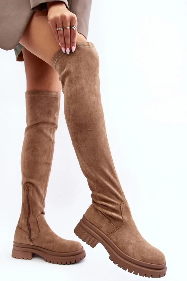Damskie Kozaki Za Kolano Na Płaskim Obcasie Beżowe Silune