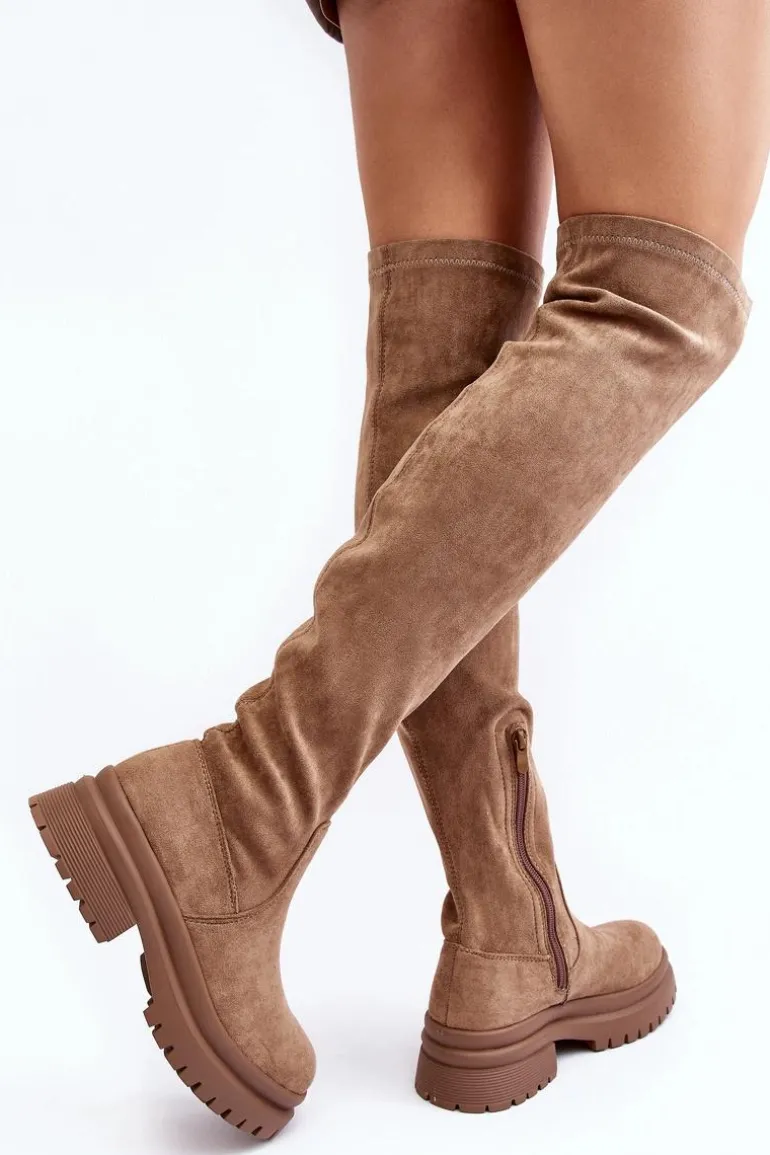 Damskie Kozaki Za Kolano Na Płaskim Obcasie Beżowe Silune
