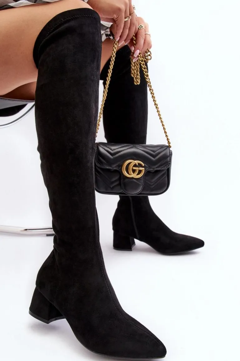 Damskie Kozaki Za Kolano Na Niskim Obcasie Czarne Maidna