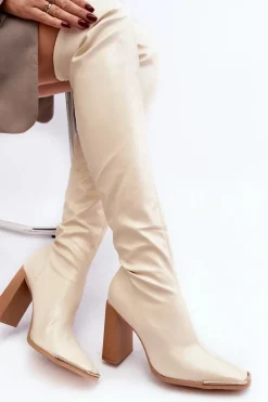 Damskie Kozaki Za kolano Na Słupku Ekoskóra Beżowe Orcella