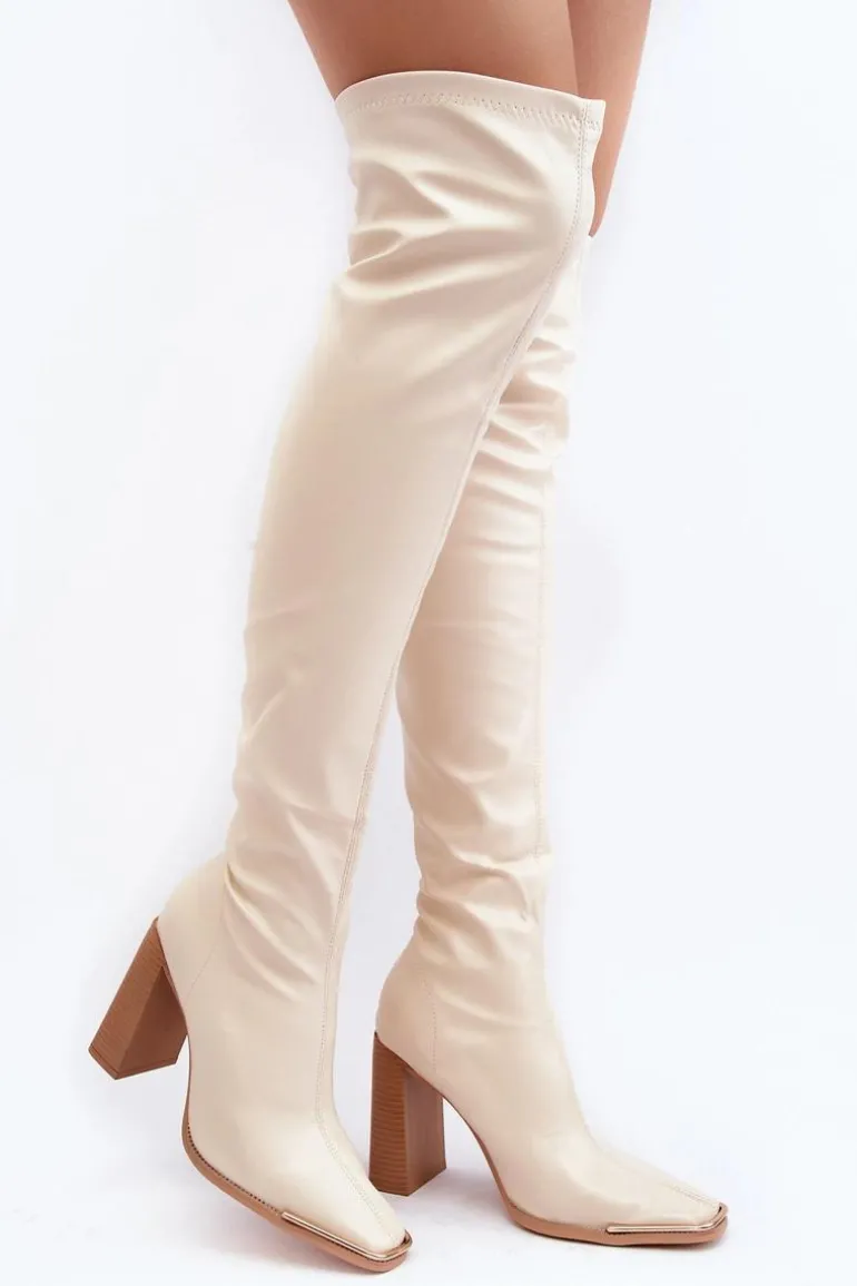 Damskie Kozaki Za kolano Na Słupku Ekoskóra Beżowe Orcella