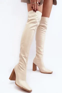 Damskie Kozaki Za kolano Na Słupku Ekoskóra Beżowe Orcella