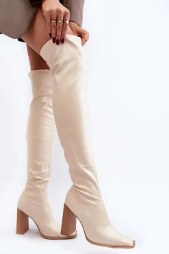 Damskie Kozaki Za kolano Na Słupku Ekoskóra Beżowe Orcella