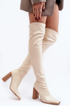 Damskie Kozaki Za kolano Na Słupku Ekoskóra Beżowe Orcella