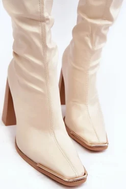 Damskie Kozaki Za kolano Na Słupku Ekoskóra Beżowe Orcella