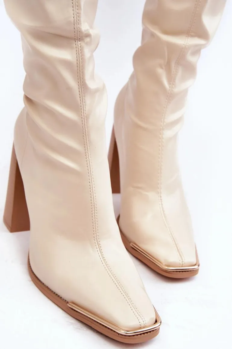 Damskie Kozaki Za kolano Na Słupku Ekoskóra Beżowe Orcella