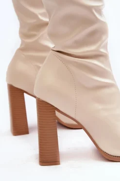 Damskie Kozaki Za kolano Na Słupku Ekoskóra Beżowe Orcella