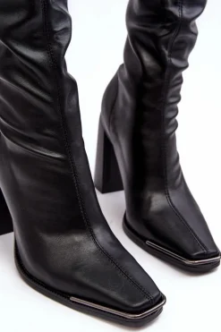 Damskie Kozaki Za kolano Na Słupku Ekoskóra Czarne Orcella