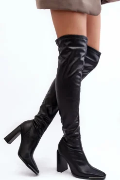 Damskie Kozaki Za kolano Na Słupku Ekoskóra Czarne Orcella