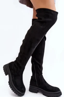 Damskie Kozaki Za Kolano Na Płaskim Obcasie Czarne Silune