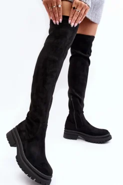 Damskie Kozaki Za Kolano Na Płaskim Obcasie Czarne Silune