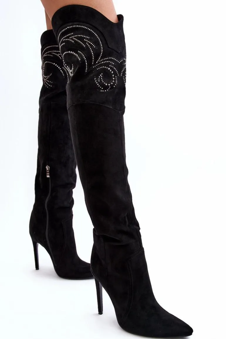 Damskie Kozaki Za Kolano Na Szpilce Czarne Vessy