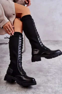 Damskie Kozaki Ze Skarpetą Na Płaskim Obcasie Czarne Verano