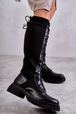 Damskie Kozaki Ze Skarpetą Na Płaskim Obcasie Czarne Verano