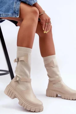 Damskie Kozaki Ze Skarpetą Beżowe Abroze