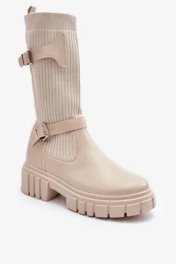 Damskie Kozaki Ze Skarpetą Beżowe Abroze