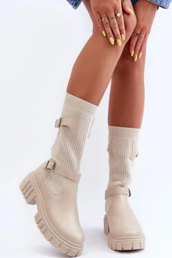 Damskie Kozaki Ze Skarpetą Beżowe Abroze