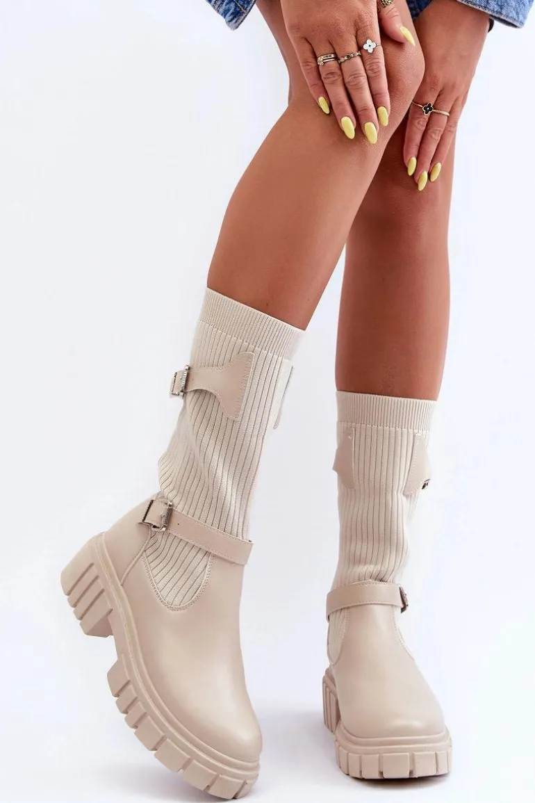 Damskie Kozaki Ze Skarpetą Beżowe Abroze