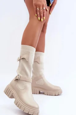 Damskie Kozaki Ze Skarpetą Beżowe Abroze