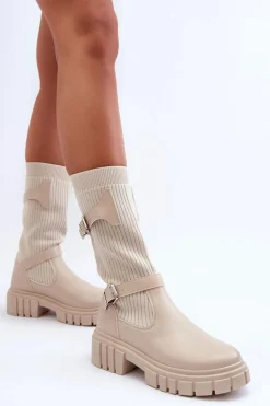 Damskie Kozaki Ze Skarpetą Beżowe Abroze
