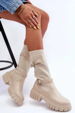 Damskie Kozaki Ze Skarpetą Beżowe Abroze