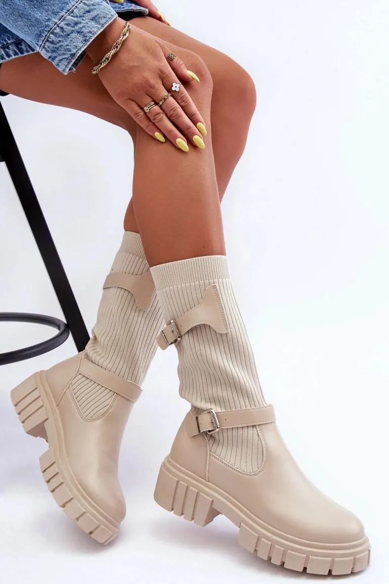 Damskie Kozaki Ze Skarpetą Beżowe Abroze