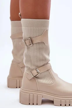 Damskie Kozaki Ze Skarpetą Beżowe Abroze