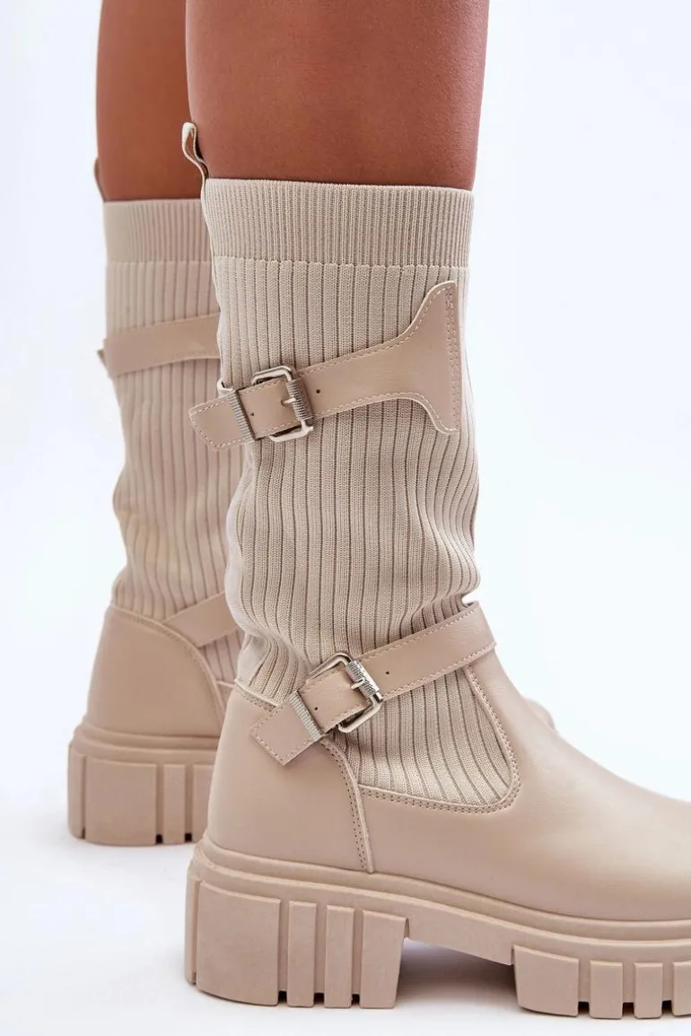 Damskie Kozaki Ze Skarpetą Beżowe Abroze