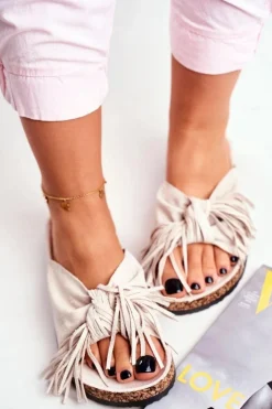 Damskie Kremowe Klapki Na Korku Frędzle Marina