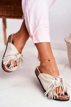 Damskie Kremowe Klapki Na Korku Frędzle Marina