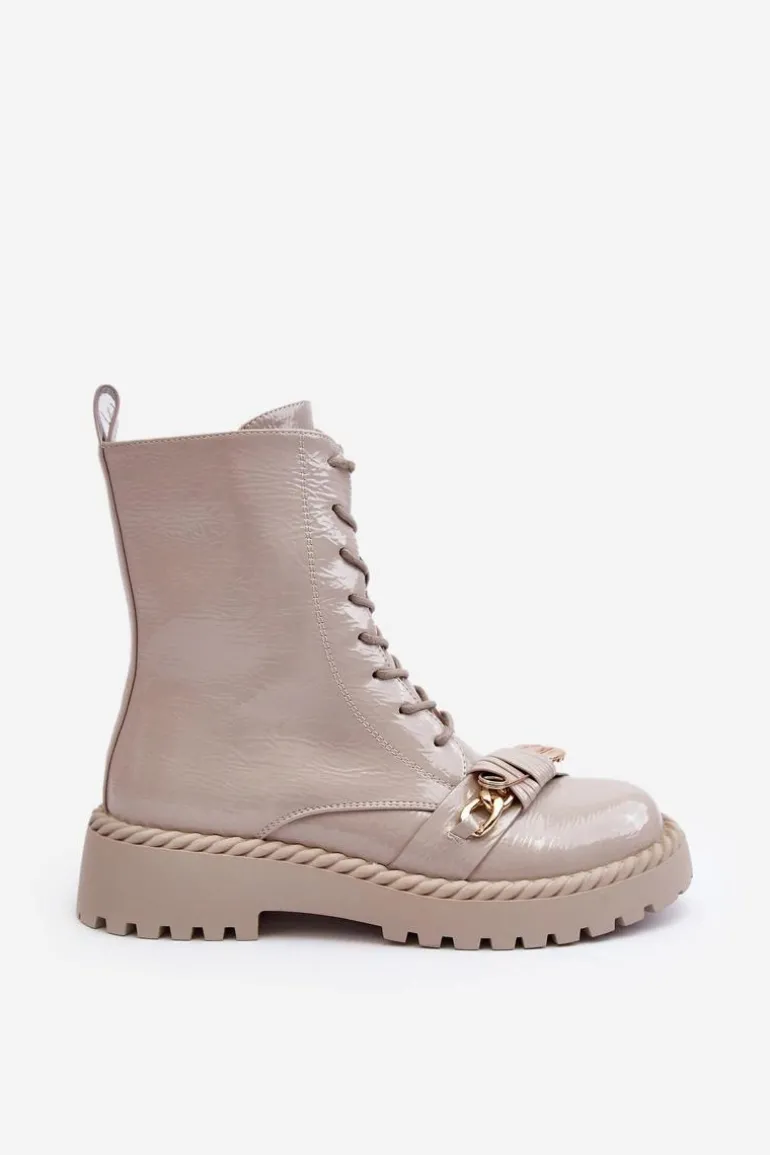 Damskie Lakierowane Botki Workery Z Ozdobą D&A MR870-67 Jasnoszare