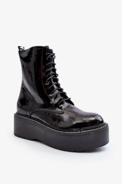 Damskie Lakierowane Botki Na Grubej Podeszwie Czarne Movana