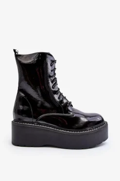 Damskie Lakierowane Botki Na Grubej Podeszwie Czarne Movana