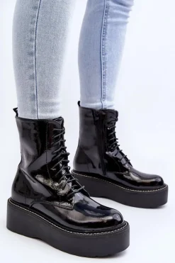 Damskie Lakierowane Botki Na Grubej Podeszwie Czarne Movana
