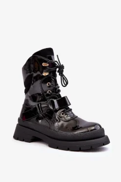 Damskie Lakierowane Botki Workery Na Platformie Czarne Nahili