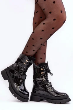 Damskie Lakierowane Botki Workery Na Platformie Czarne Nahili