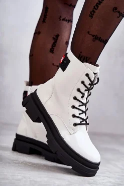 Damskie Lakierowane Botki Workery Sznurowane Białe Conny