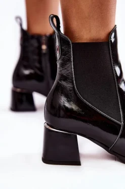 Damskie Lakierowane Botki Na Obcasie Czarne Lemar Berit