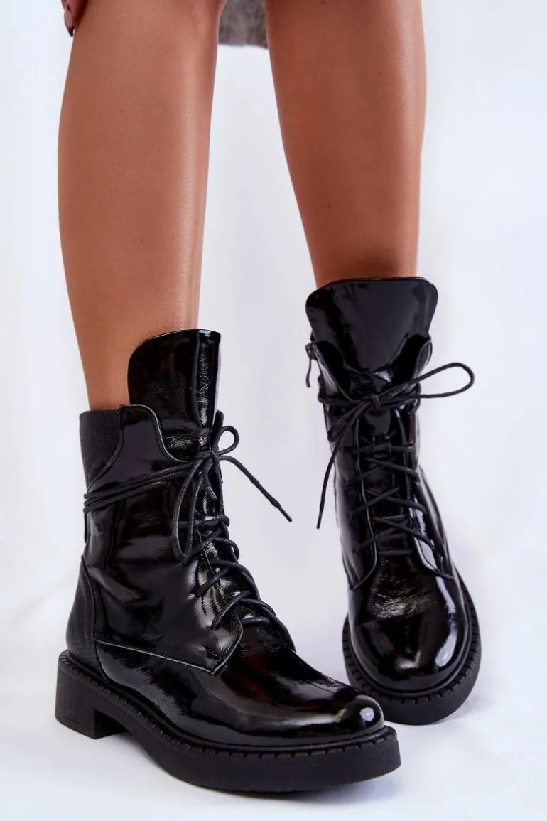 Damskie Lakierowane Botki Sznurowane Czarne Laverda