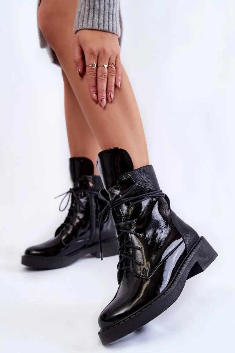 Damskie Lakierowane Botki Sznurowane Czarne Laverda