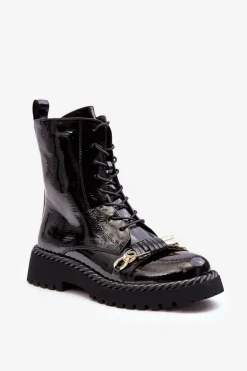 Damskie Lakierowane Botki Workery Z Ozdobą Czarne S.Barski MR870-67